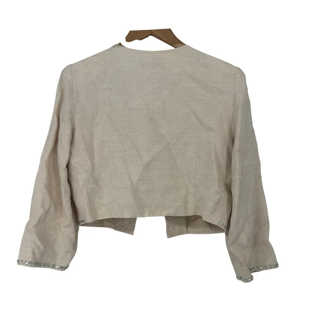 Donna Morgan Linen Beaded Sequin Cropped‎ Jacket  Turquoise Retro Chic Artisanal